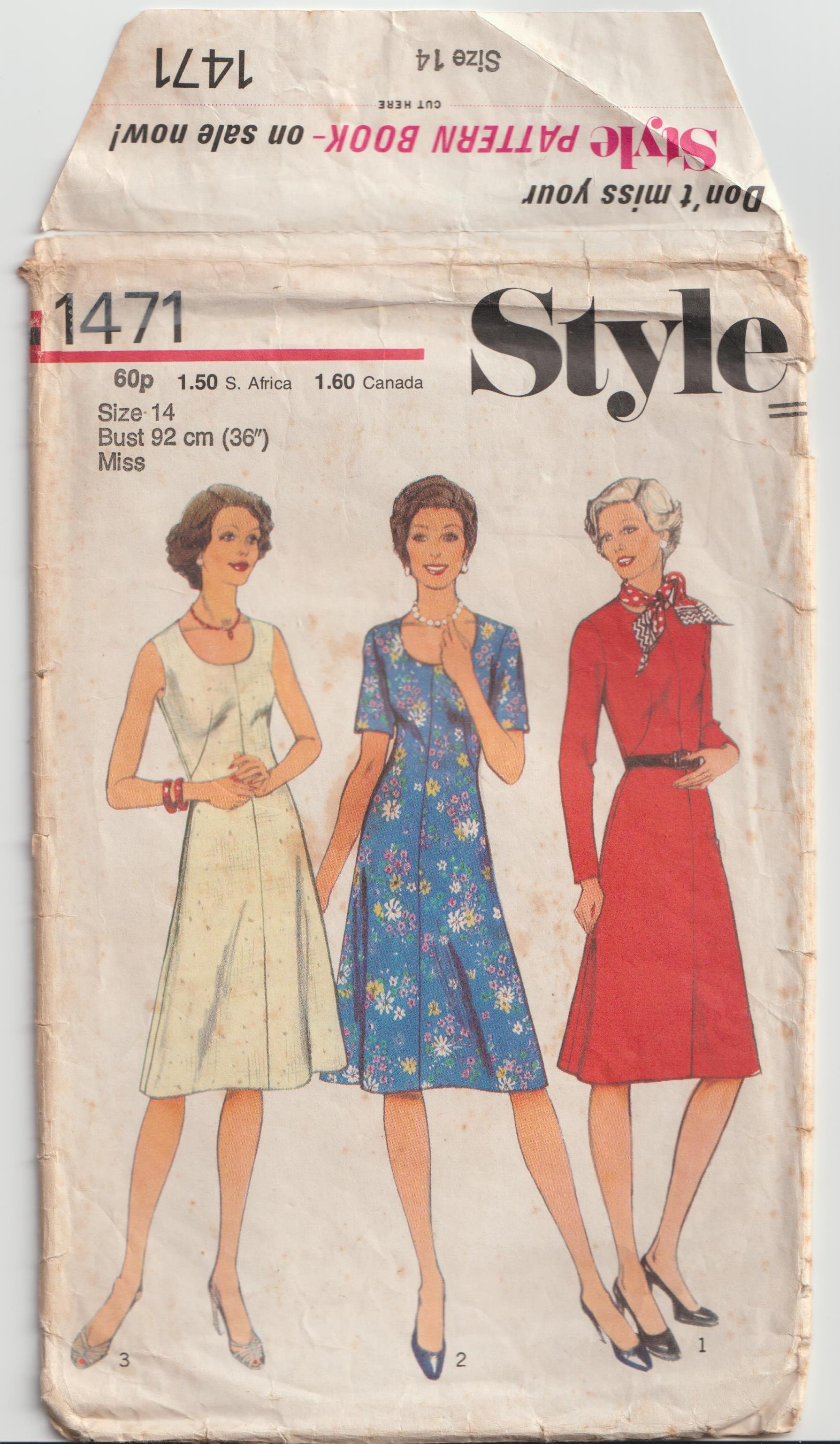 vintage pattern A line dress 1970s 1976 style 1471 bust 92 cm