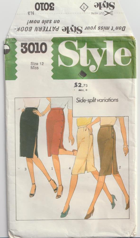 1980s vintage sewing pattern straight skirt with side opening style 3010 1982