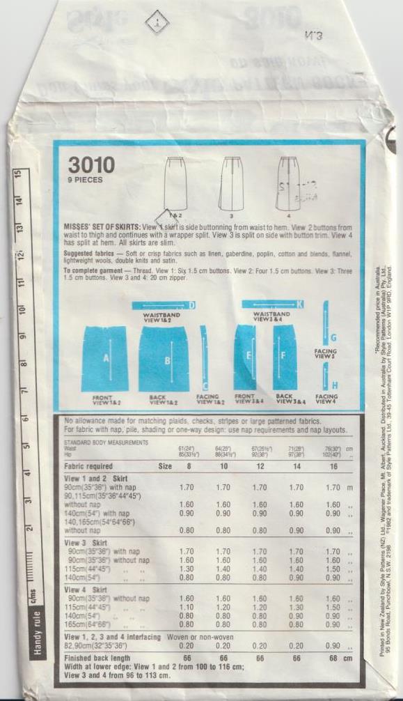 1980s vintage sewing pattern straight skirt with side opening style 3010 1982