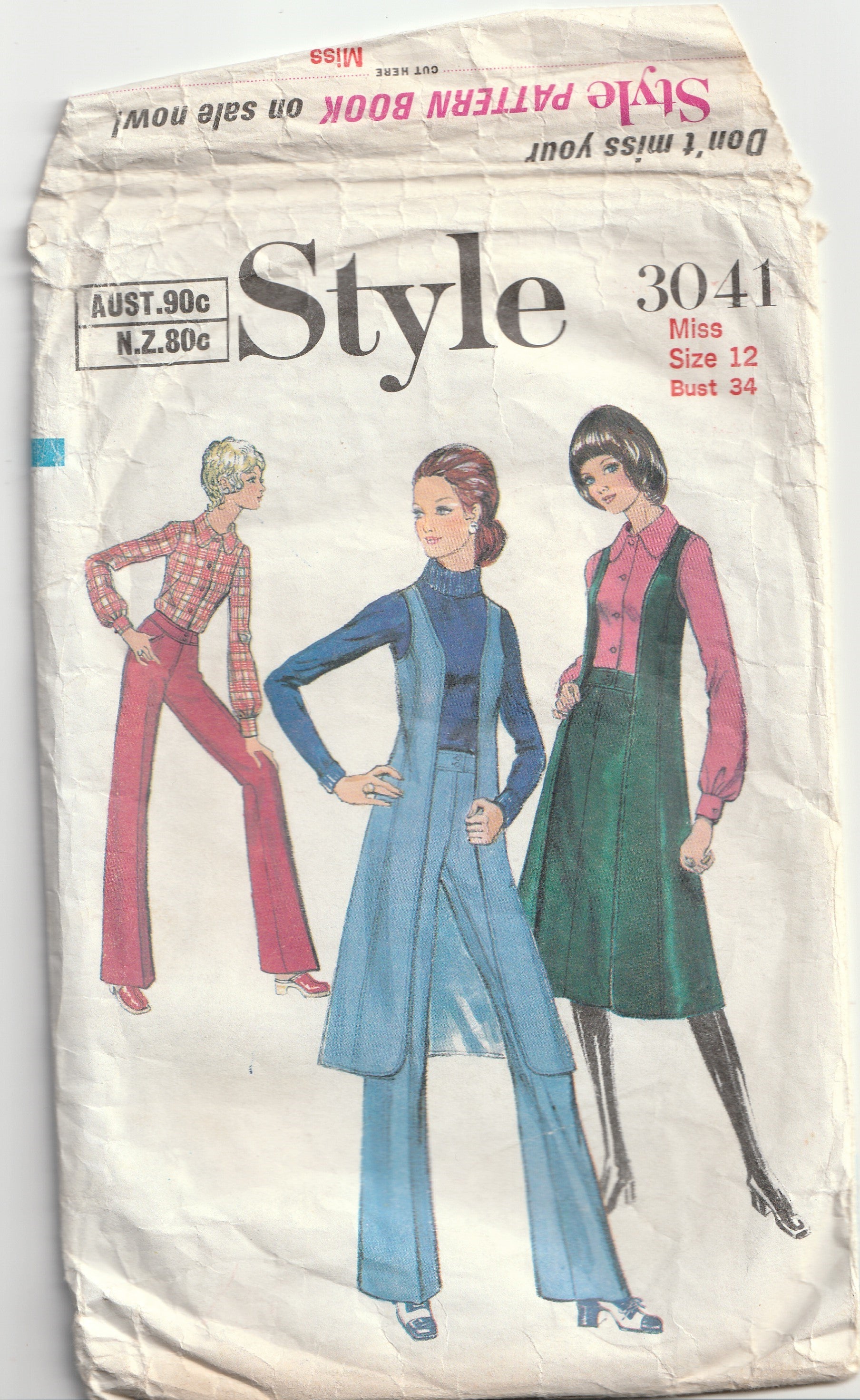 Flared Pants, Skirt, Blouse & Super Long Vest - Bust 86 cm - Vintage Pattern - Style 3041 - 1971