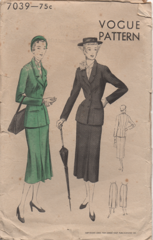 vintage sewing pattern 1950s skirt suit, slim skirt pencil skirt vogue 7039 1950
