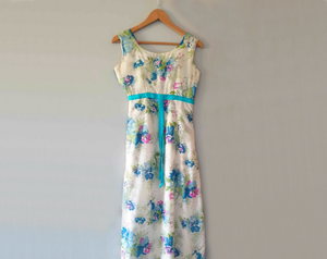 1960s Blue Floral Empire Waist Evening Gown - XS