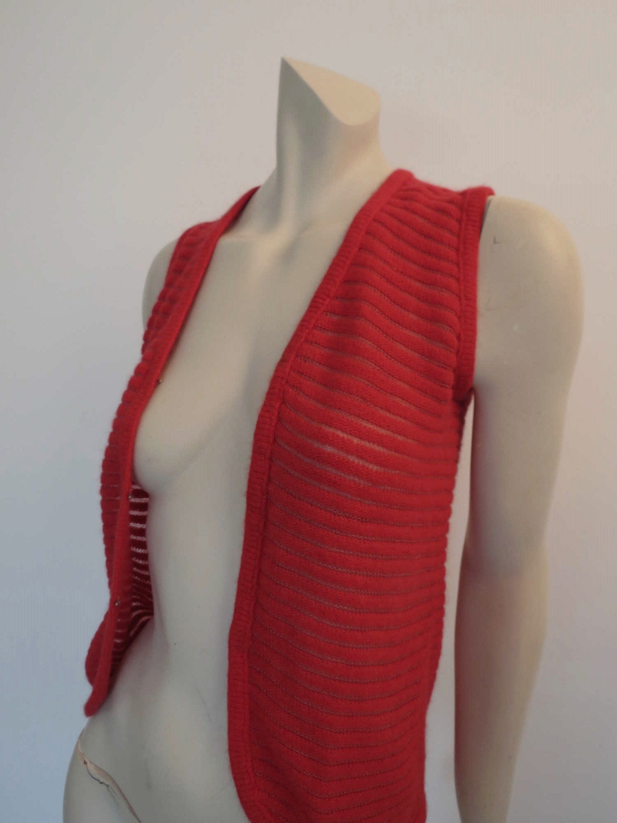 Red Lambswool Vest With Sheer Stripes - Bust 76 cm