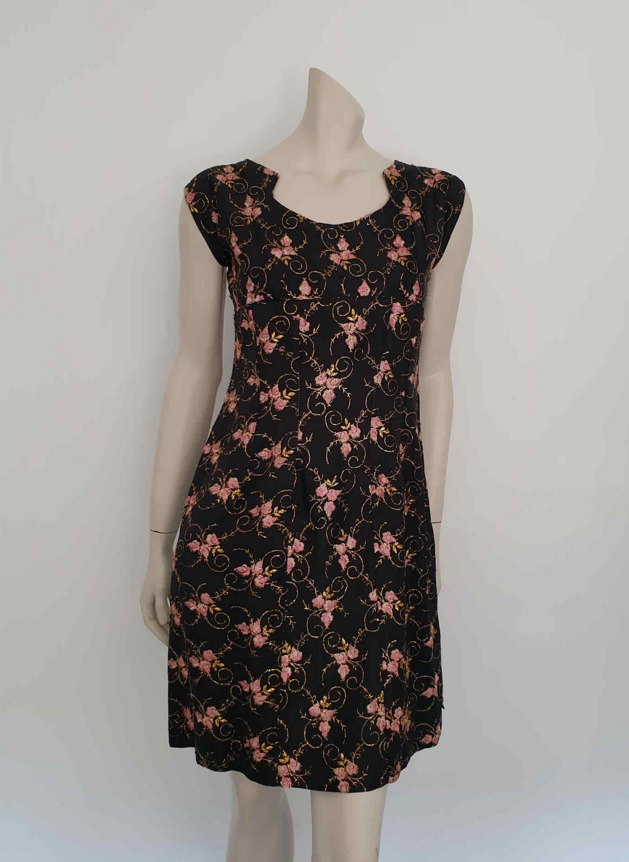 1960s vintage black and pink floral brocade dress with tinsel