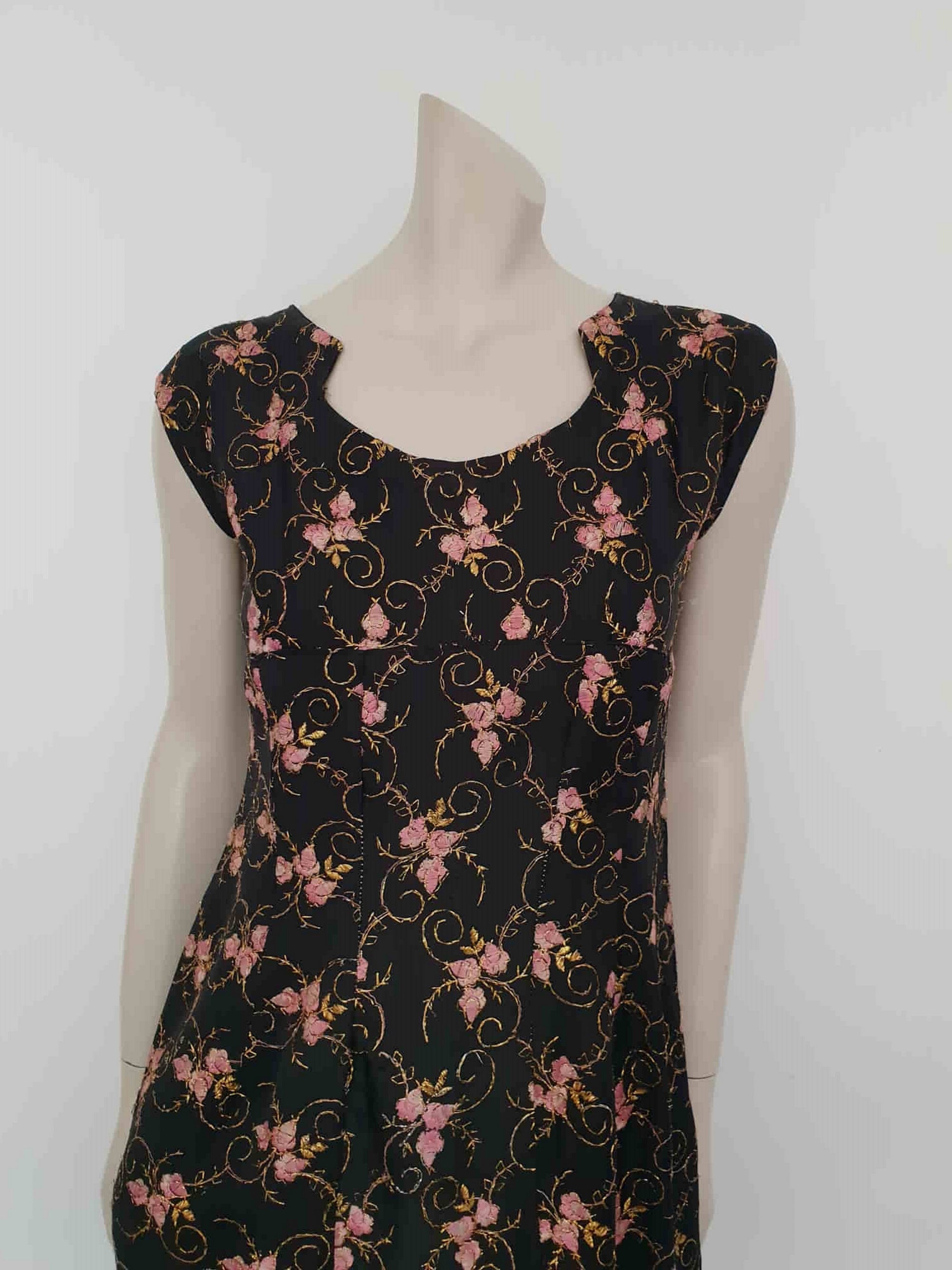 1960s vintage black and pink floral brocade dress with tinsel
