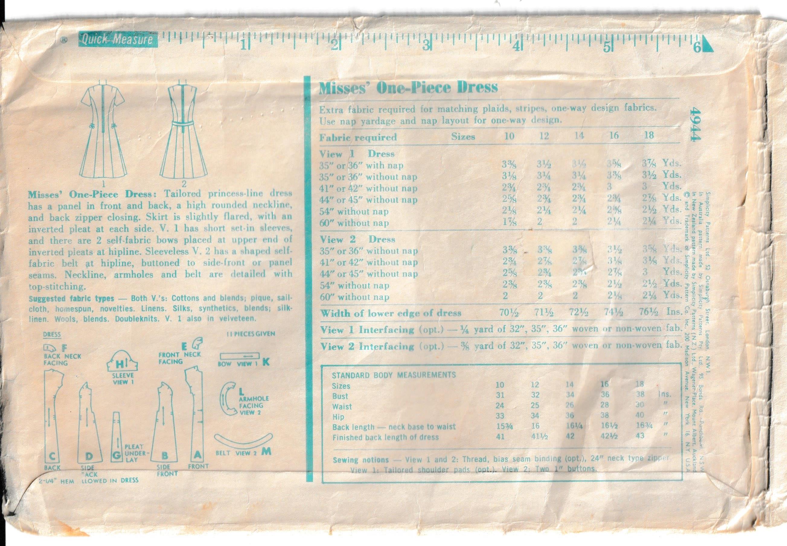 1960s vintage pattern simplicity 4944  1963 panelled princess line dress 