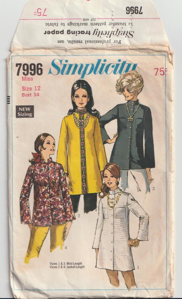 1960s vintage pattern indian shirt with standing collar simplicity 7996